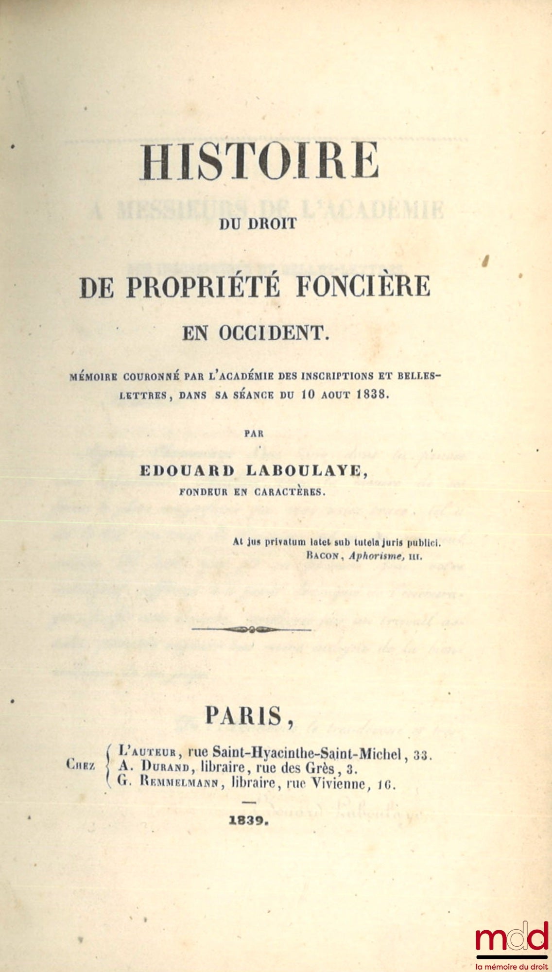LABOULAYE (Édouard) – HISTOIRE DU DROIT DE PROPRIÉTÉ FONCIÈRE EN OCCIDENT