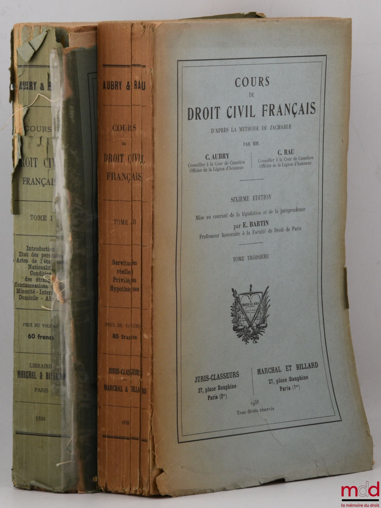 AUBRY (Charles) et RAU (Charles-Frédéric) – COURS DE DROIT CIVIL FRANÇAIS D’APRÈS LA MÉTHODE DE ZACHARIÆ, 6e éd. revue et mise au courant de la législation et de la jurisprudence par Étienne Bartin, [t. I (Introduction, État des personnes, Actes de l’état