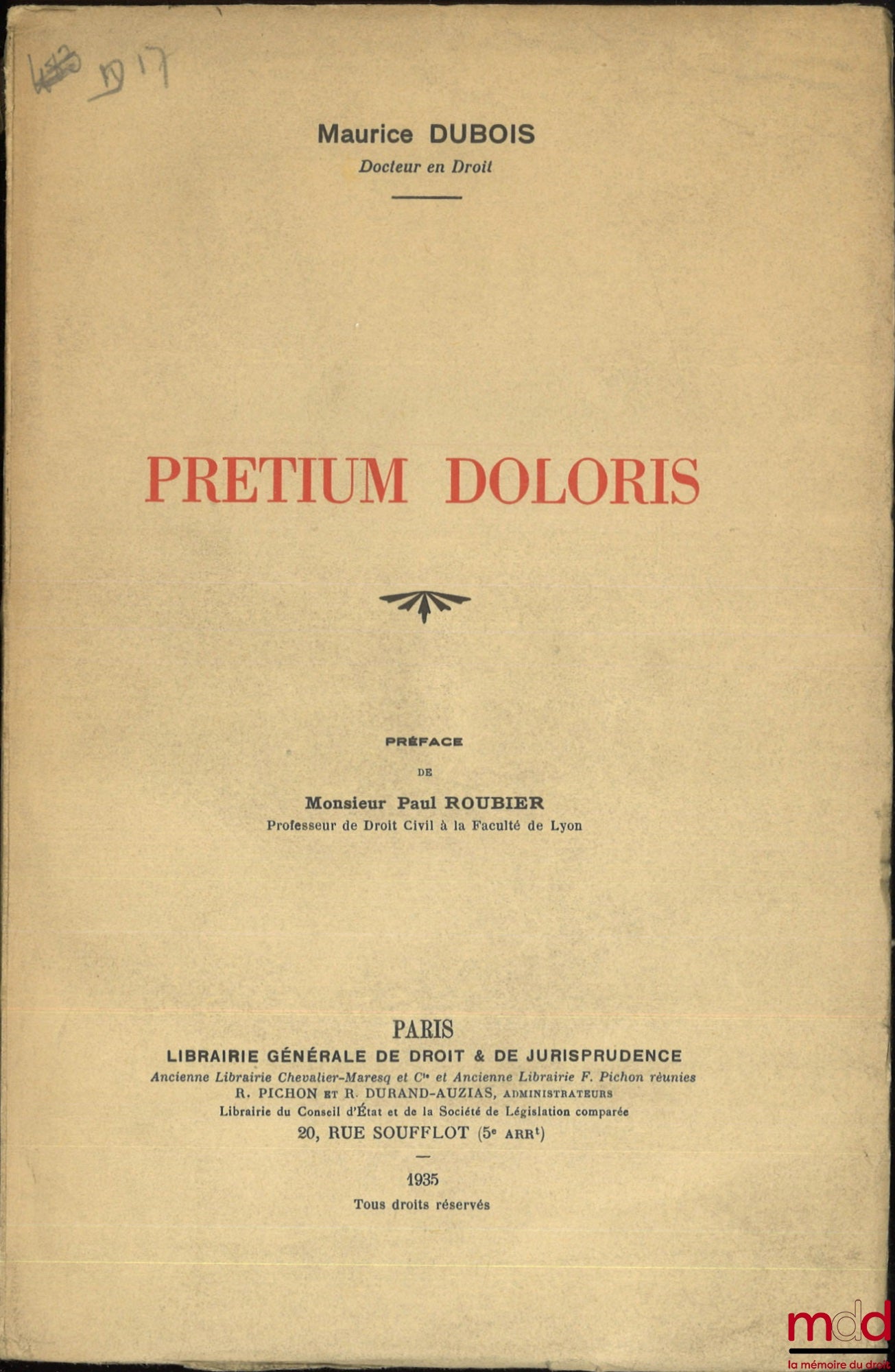 DUBOIS (Mauritius) – PRETIUM DOLORIS, Preface by Paul Roubier