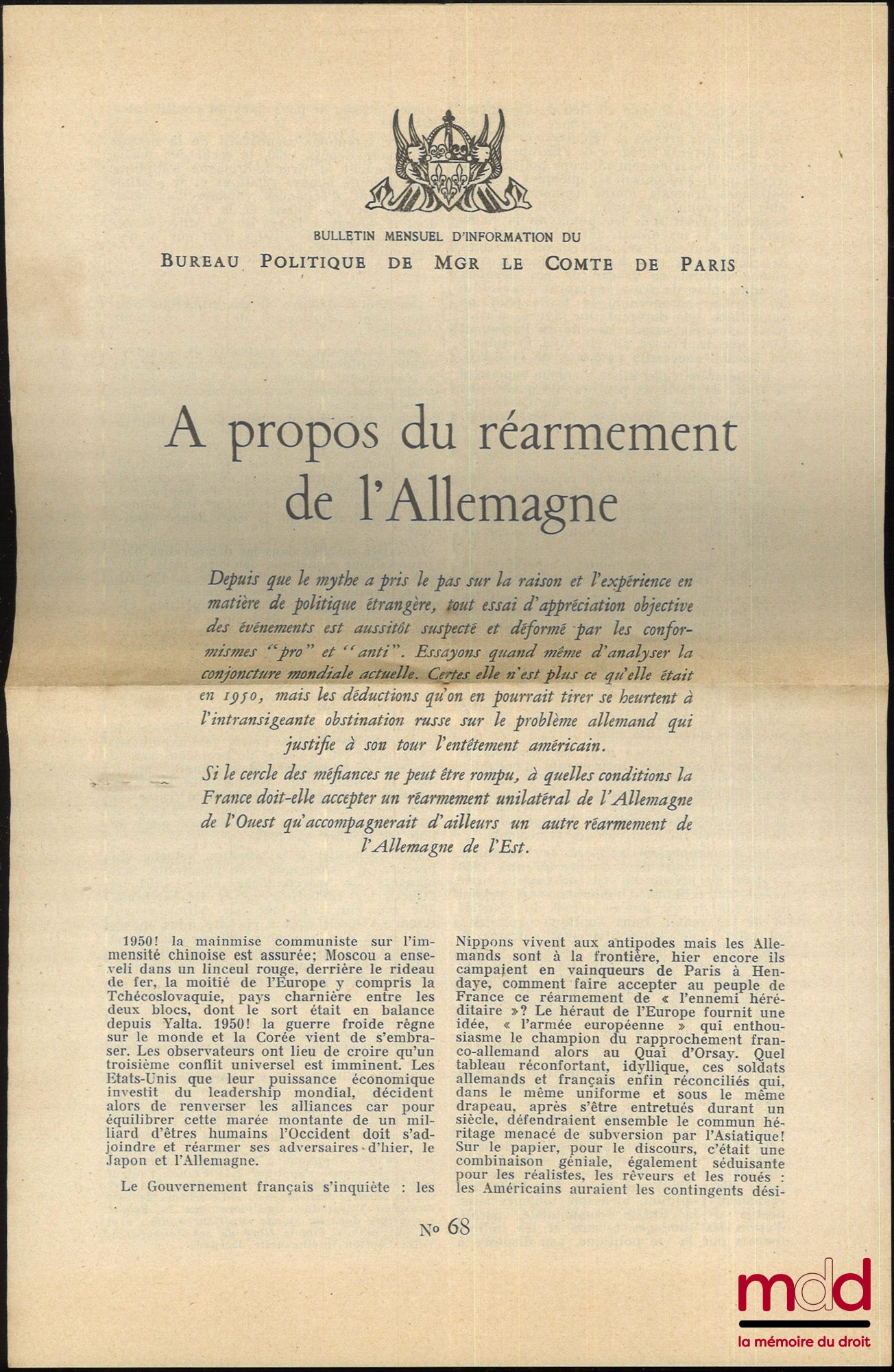 COMTE DE PARIS – À PROPOS DU RÉARMEMENT DE L’ALLEMAGNE, Bulletin mensuel d’information du Bureau politique de Mgr Le Comte de Paris, n° 68