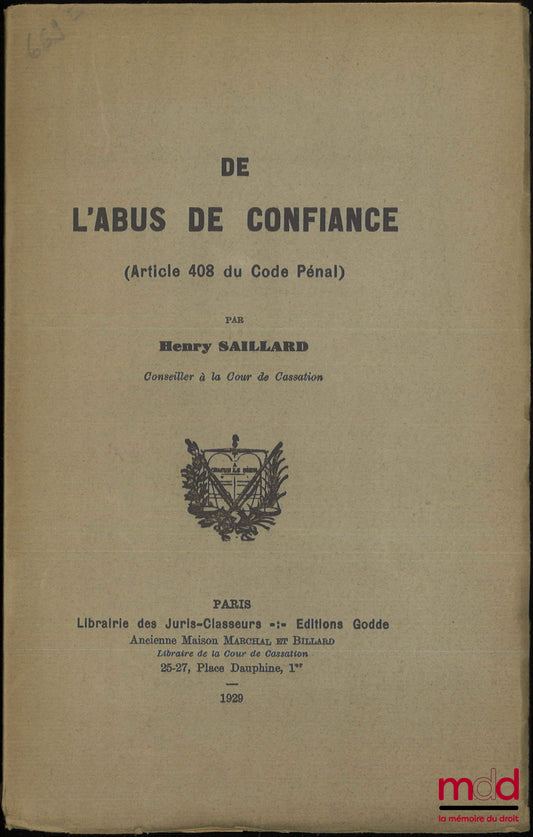 SAILLARD (Henry) – ON BREACH OF TRUST, Article 408 of the Penal Code