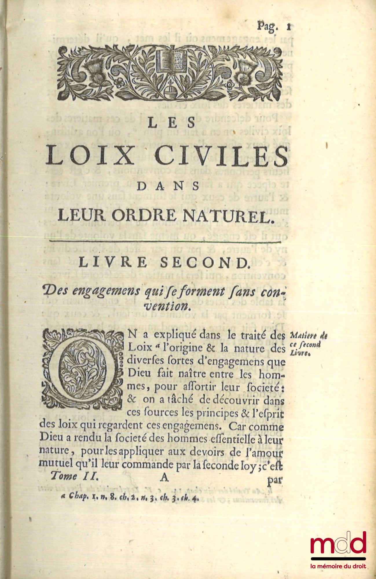 DOMAT (Jean) – LES LOIX CIVILES DANS LEUR ORDRE NATUREL, 2e éd. revue et corrigée