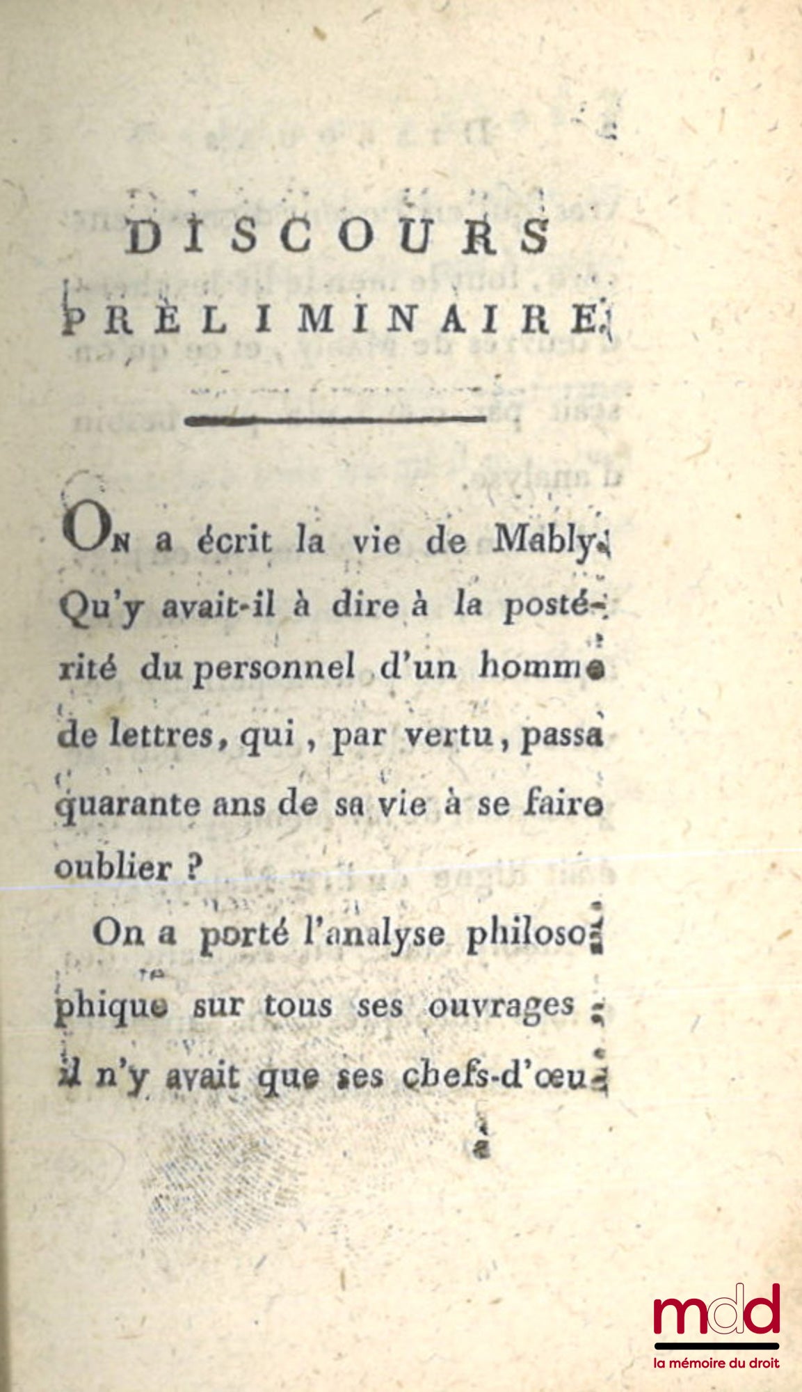 MABLY (Abbé de) – ON THE RIGHTS AND DUTIES OF THE CITIZEN, Edition augmented with a Preliminary Discourse, by the Author of the Philosophy of Nature and adorned with the portrait of Mably