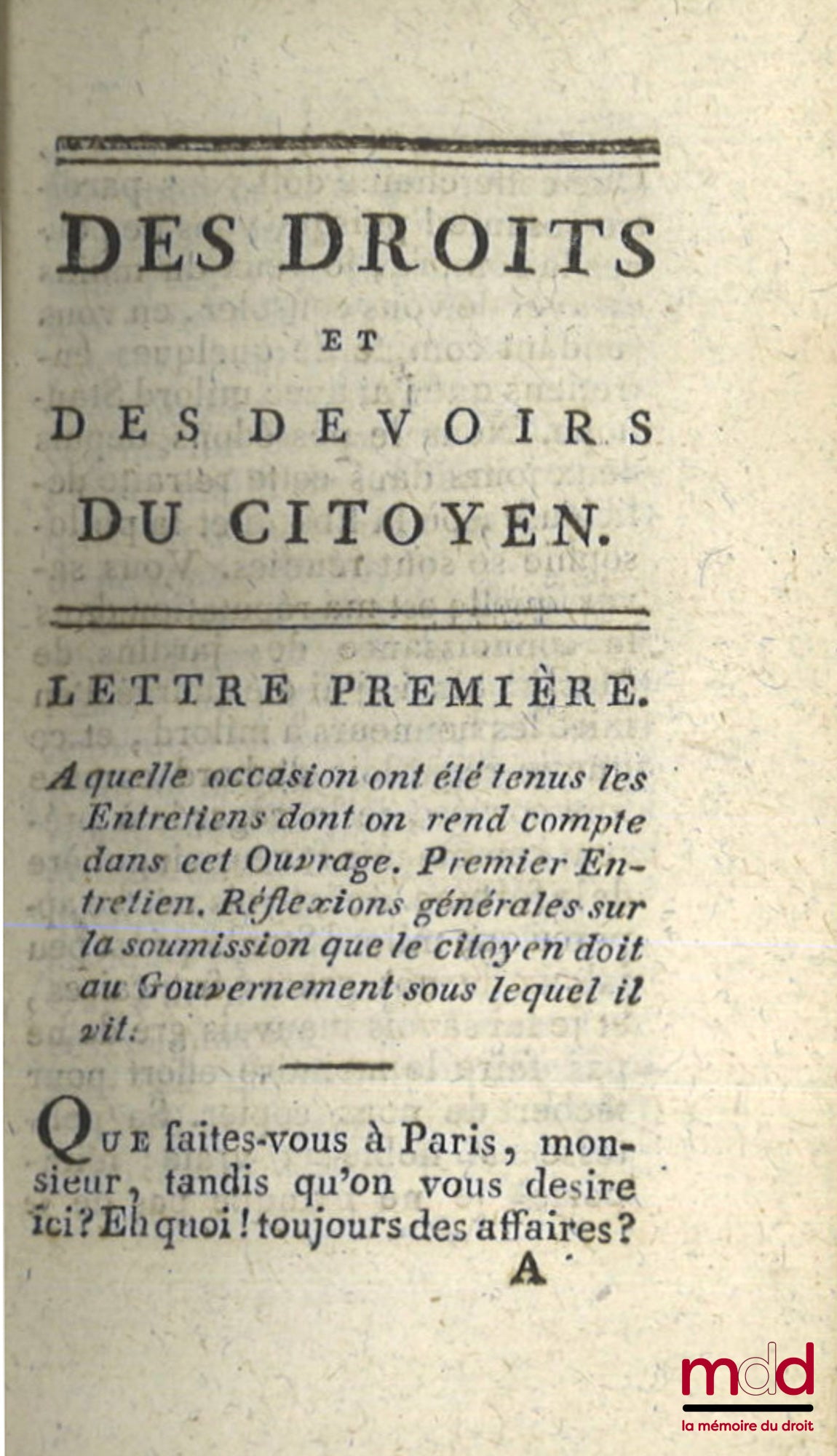 MABLY (Abbé de) – ON THE RIGHTS AND DUTIES OF THE CITIZEN, Edition augmented with a Preliminary Discourse, by the Author of the Philosophy of Nature and adorned with the portrait of Mably