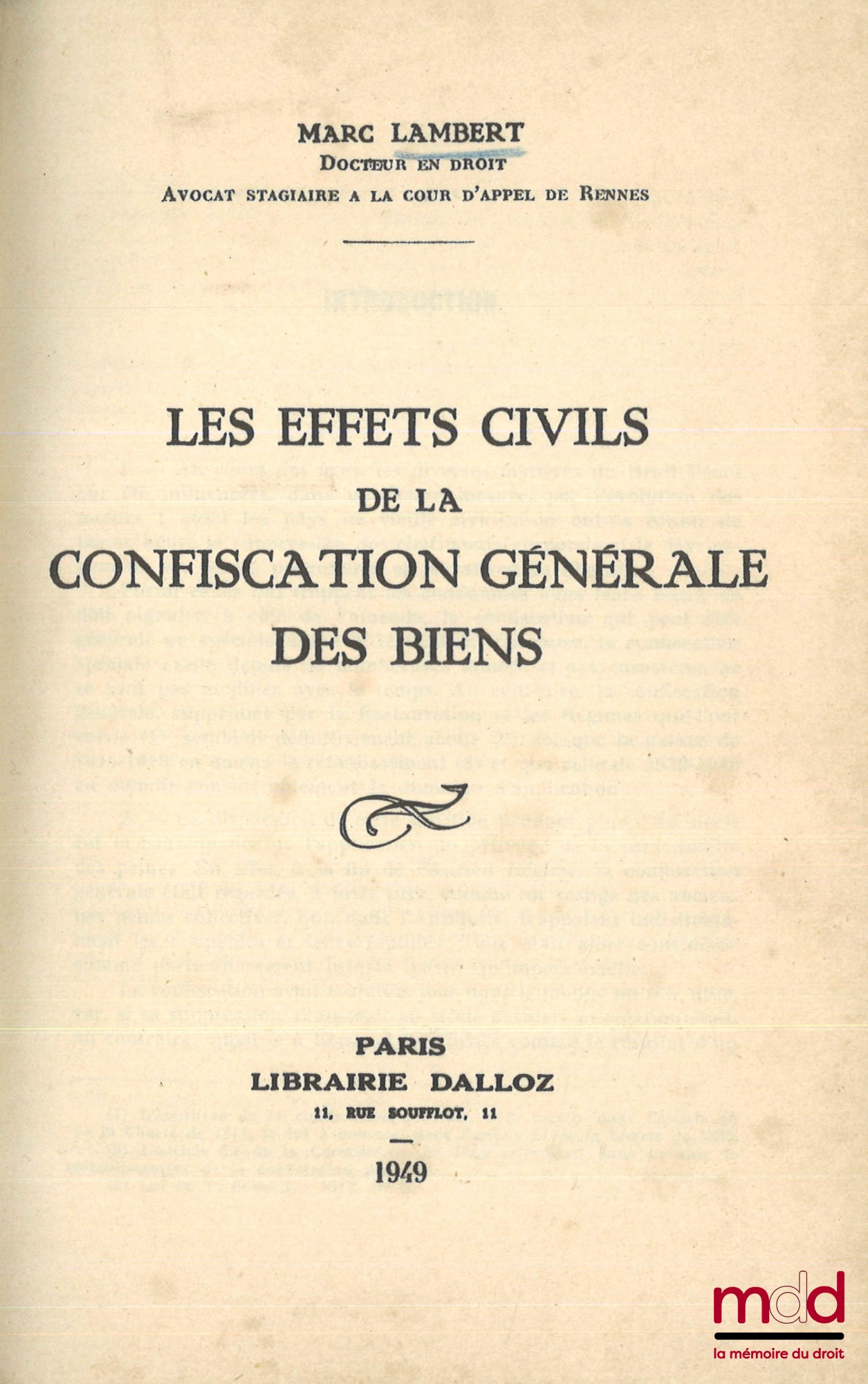 LAMBERT (Marc) – LES EFFETS CIVILS DE LA CONFISCATION GÉNÉRALE DES BIENS