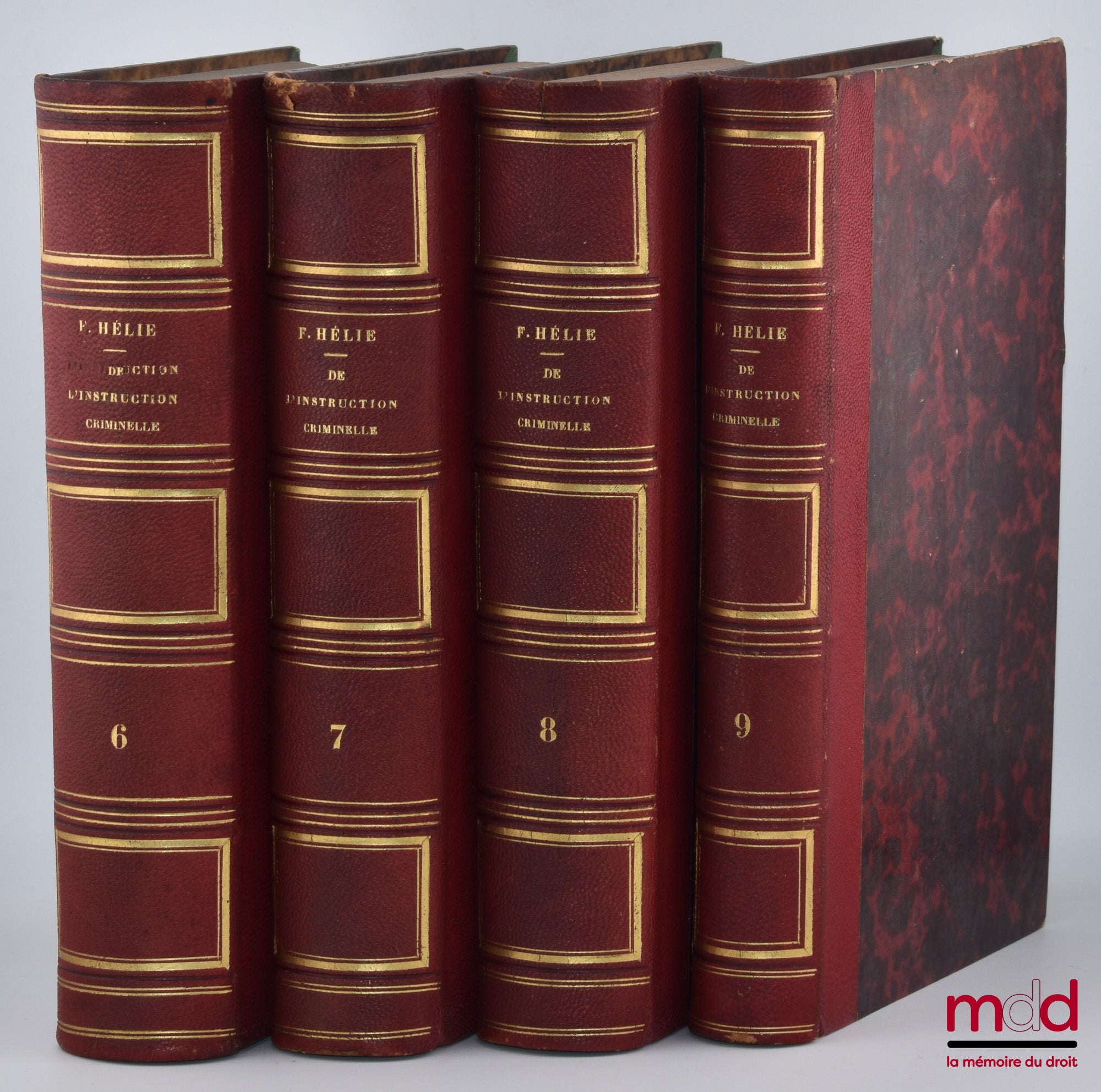 HÉLIE (Faustin-Adolphe) – TRAITÉ DE L’INSTRUCTION CRIMINELLE OU THÉORIE DU CODE D’INSTRUCTION CRIMINELLE ; t. 1 : Histoire et théorie de la procédure criminelle ; t. 2 et 3 : De l’action publique et de l’action civile ; t. 4 : De la police judiciaire ; t.