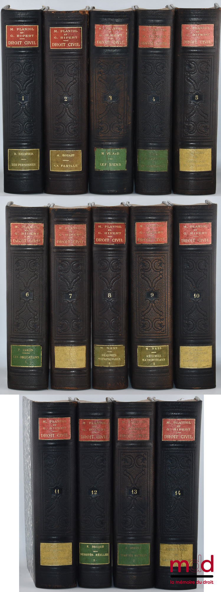 PLANIOL (Marcel) et RIPERT (Georges) – TRAITÉ PRATIQUE DE DROIT CIVIL FRANÇAIS, 1re éd. : t. I : Les personnes - État et capacité, Avec le concours de René Savatier (VIII-852 p.) ; t. II : La famille - Mariage, divorce, filiation, Avec le concours de Andr
