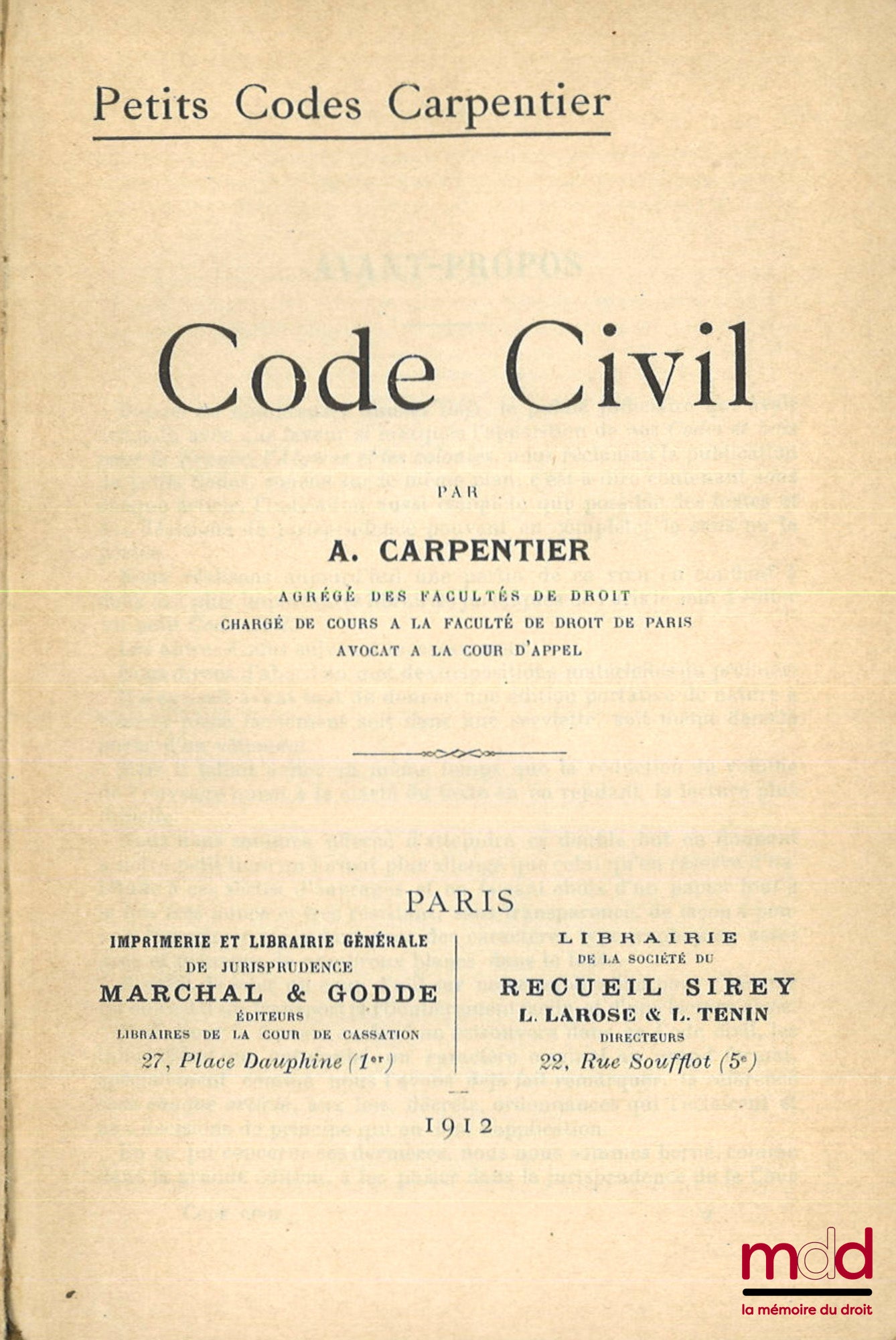 [Codes], CARPENTIER (Adrien) – CODE CIVIL, coll. Petits codes Carpentier