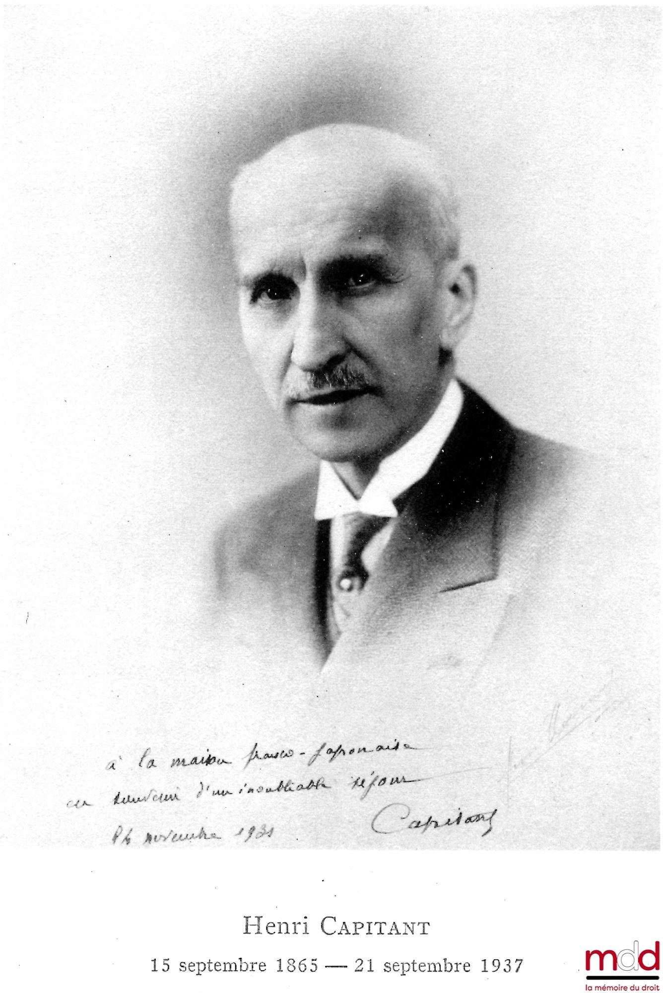 [CAPITANT (Henri)] – HOMMAGE À LA MÉMOIRE DU PROFESSEUR HENRI CAPITANT, SÉANCE SOLENNELLE TENUE À LA FACULTÉ DE DROIT DE L’UNIVERSITÉ IMPÉRIALE DE TOKIO LE 21 DÉCEMBRE 1937, Bibl. de droit comparé I, exemplaire en français et japonais