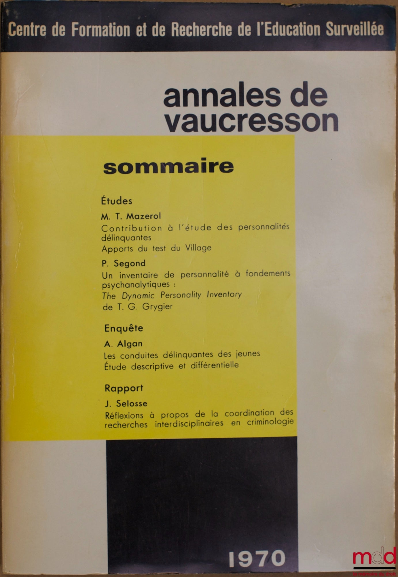 Annales – ANNALES DE VAUCRESSON n° 8, Centre de formation et de recherche de l’éducation surveillée