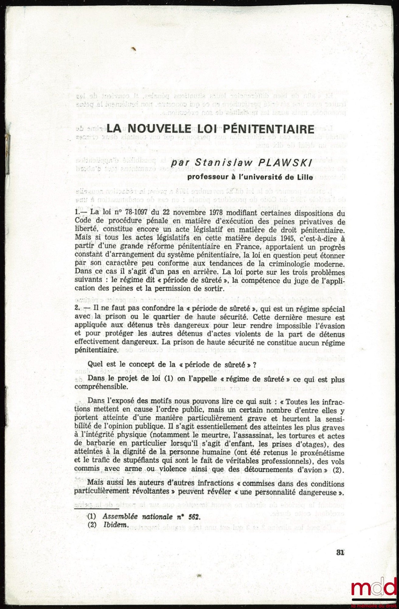 PLAWSKI (Stanislaw) – LA NOUVELLE LOI PÉNITENTIAIRE, tiré à part