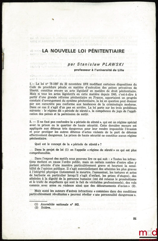 PLAWSKI (Stanislaw) – LA NOUVELLE LOI PÉNITENTIAIRE, tiré à part