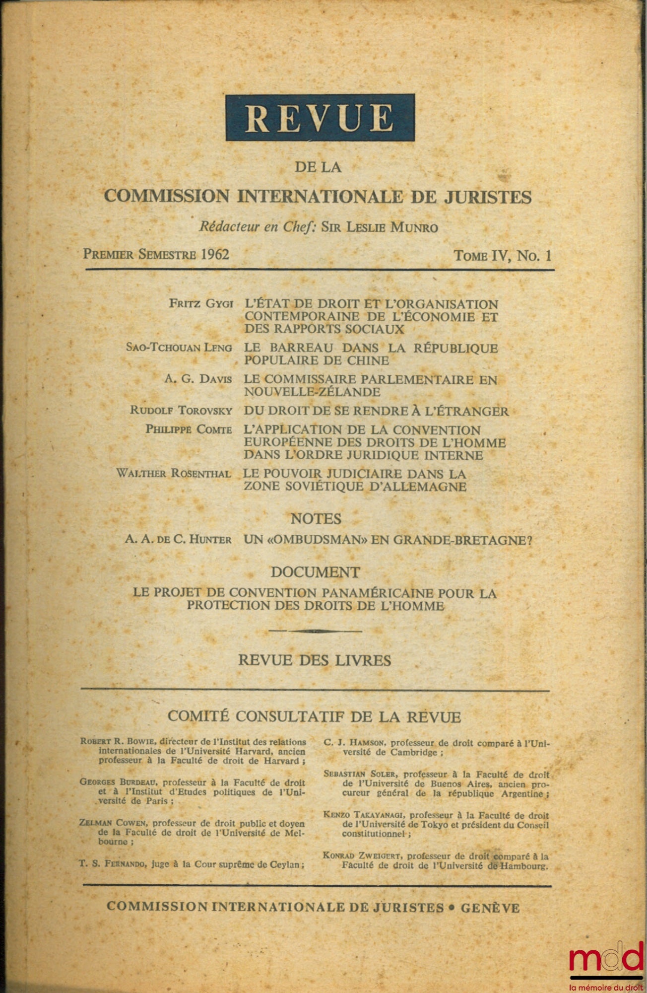 Collectif – REVUE DE LA COMMISSION INTERNATIONALE DES JURISTES, 1er semestre 1962 t. IV, n° 1