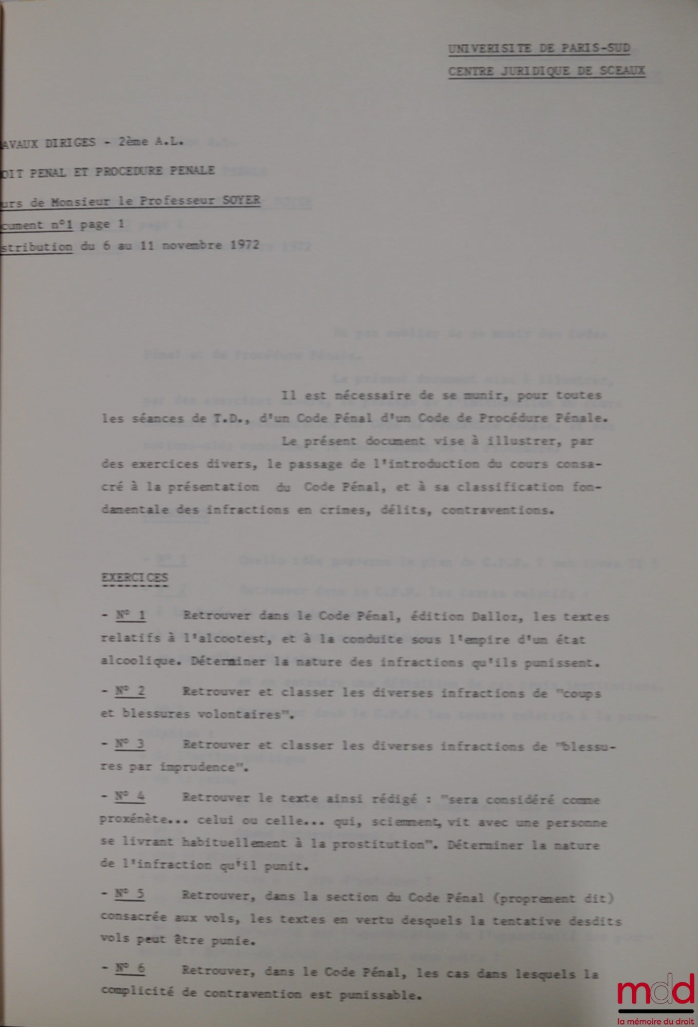 SOYER (Jean-Claude) – Cours de DROIT PÉNAL ET PROCÉDURE PÉNALE, Travaux dirigés - Licence 2e année, 1972-1973