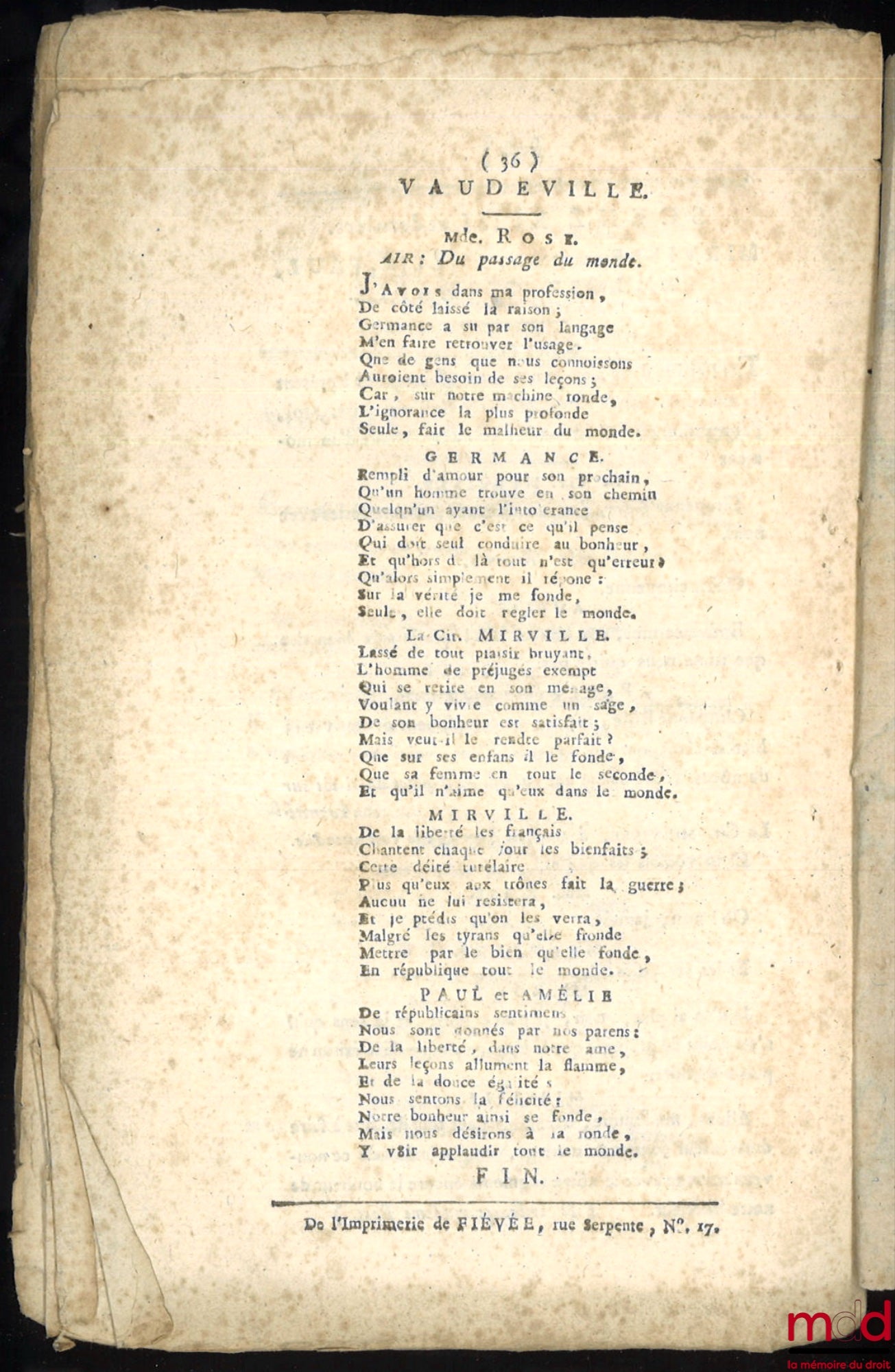 CHASTENET – L’INTÉRIEUR D’UN MÉNAGE RÉPUBLICAIN, opéra-comique en un acte et en Vaudevilles (…) représentée pour la première fois, sur le Théâtre de l’Opéra-comique National de la rue Favart, le 15 Nivose, an 2e de la République, Édition Originale