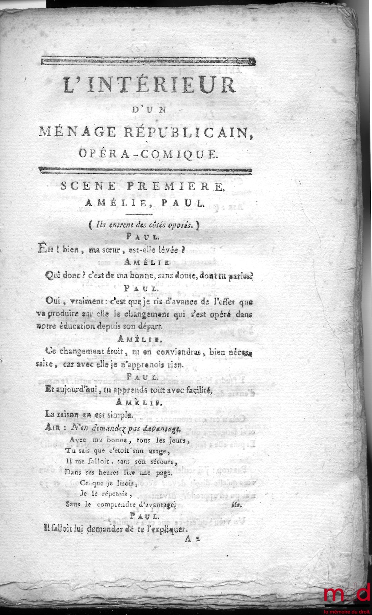 CHASTENET – L’INTÉRIEUR D’UN MÉNAGE RÉPUBLICAIN, opéra-comique en un acte et en Vaudevilles (…) représentée pour la première fois, sur le Théâtre de l’Opéra-comique National de la rue Favart, le 15 Nivose, an 2e de la République, Édition Originale